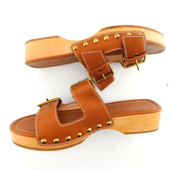 J. CREW Brown Leather Double Buckle Strap Slide Studded Wooden Heel Sandals 6.5 - Picture 5 of 8